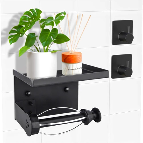 Boeetech 2023 Toilet Paper Holder with Shelf, Boeetech Toilet Tissue Paper Holder with Damping Effect, Self Adhesive Bathroom Toilet Paper Holder Wall Mount for Bathroom with 2 Hooks