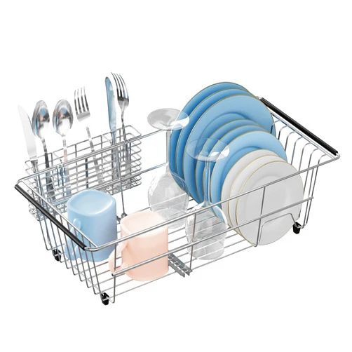 GEDLIRE Stainless Steel Dish Drying Rack, Expandable Large Over The Sink Dish Drainer Drying Rack, Dish Strainers with Utensil Cutlery Holder for Kitchen Sink & Counter, 14”-18.5” L x 10.4” W