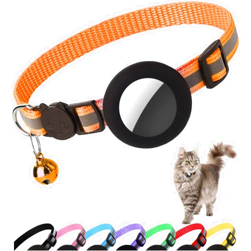 Dgerp Airtag Cat Collar Breakaway, Reflective Kitten Collar with Apple Air Tag Holder and Bell for Girl Boy Cats, 0.4 Inches in Width and Lightweight(Orange)