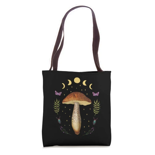 Witchy Goth and Celestial Lunar Creations Dark Academia Cottagecore Aesthetic Magical Mushroom Fungi Tote Bag