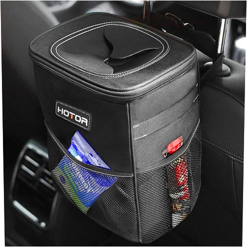 HOTOR Car Trash Can with Lid and Storage Pockets - 100% Leak-Proof Organizer, Waterproof Garbage Can, Multipurpose Trash Bin for Car, 2 Gallons, Black