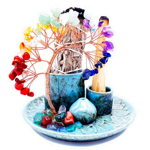 YIENENG 5 in 1 Incense Burner Holder with Crystal Healing Tree, Palo Santo Holder, Sage Holder, Incense Holder for Sticks/Cones/Candles, Ceramic Tray Ash Catcher for Burning Incense, Meditation Gift