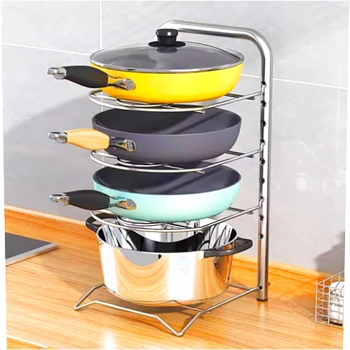 Fotoev 4 TiersStainless Steel Pan Rack With Adjustable Dividers, Heavy Duty Metal Pot And Pan Organizer Pot Lid Rack, Kitchen Cabinet Pantry Cookware Organizer Rack Holder
