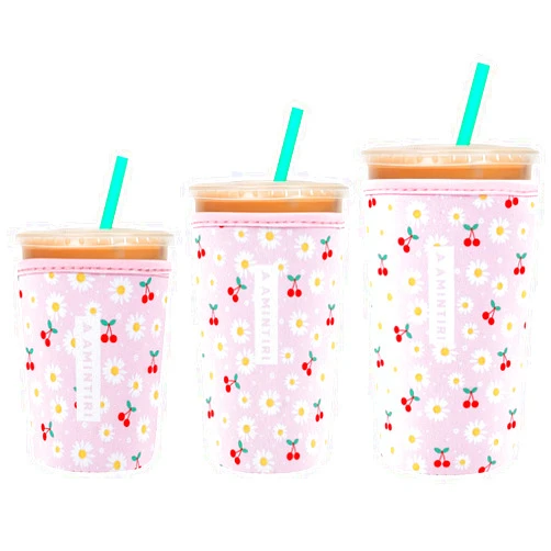 Amintiri 3 Pack Reusable Sleeve for Iced Coffee Cup, Coffee Neoprene Sleeve for Iced&Hot Drinks, Coffee Sleeve Compatible with Starbucks, Dunkin Coffee Cup. (Cherry&Daisy)