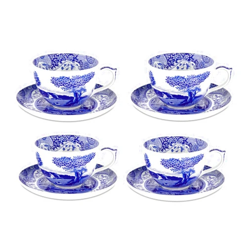 Spode Blue Italian Teacups and Saucers - Set of 4 (20 ounce)