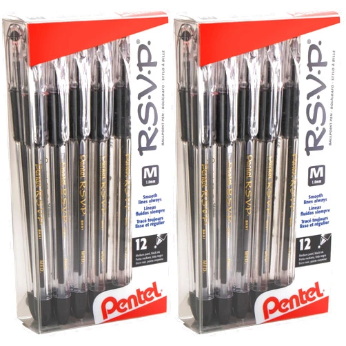 Pentel(R R.S.V.P.(R) Ballpoint Pens, 1.0 mm, Medium Point, Clear Barrel, Black Ink, Pack of 24, BK91-A