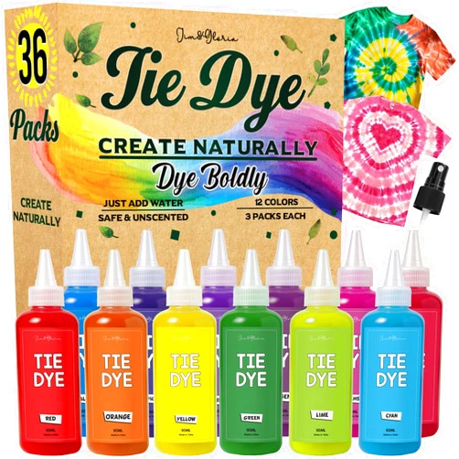 Jim&Gloria Tie Dye Kit, 36 Tiedye Powder 12 Larger Bottles Fabric Dyes for Clothing, Permanent Dye with Soda Ash Tie Dye Kits for Large Groups Paint Party Summer Activities DIY Crafts