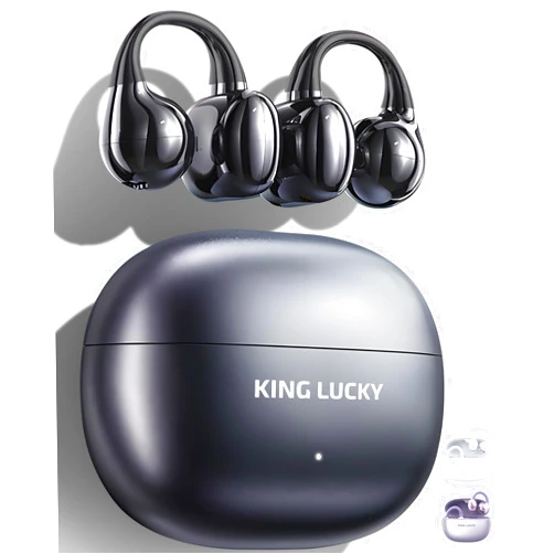 King Lucky Clip on Earbuds Open Ear Wireless Bluetooth 5.4 Headphones with Mic,50H Play,Noise Cancelling,Waterproof,Sports Ear Buds,Comfortable for Small Ears & Glasses Wearers,Workouts (Black)