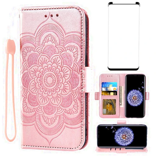 Asuwish Compatible with Samsung Galaxy S9 Plus Wallet Case and Tempered Glass Screen Protector Flip Cover Card Holder Cell Accessories Phone Cases for Glaxay S9+ 9S 9+ S 9 9plus S9plus Women Rose Gold