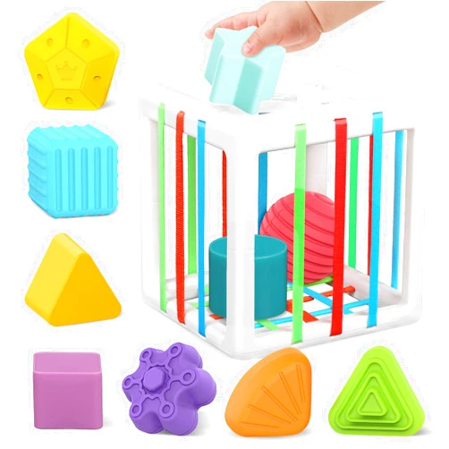 Yawfife Baby Shape Sorting Toy, Sorting Baby Toy with Elastic Bands, 10 Pcs Sensory Sorting Bin Fine Motor Skill Early Learning Preschool Educational Gift, Sensory Bin for 1 2 3 Year Old Boys and Girls square