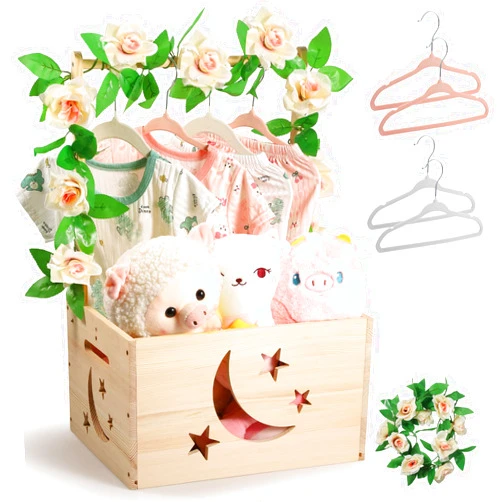 Zhijie Wooden Baby Shower Crate Closet, Personalized Shower Basket Wooden Crate Box with Handle, Easy Assembly Baby Gift Basket, Pregnancy Gifts for New Parents with Hanger & Garland
