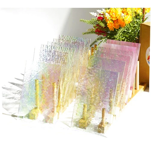 Lanyani 12 Sheets Iridescent Clear Textured Stained Glass Sheets for Crafts, 4x6 inch Cathedral Art Glass Packs for Mosaic Work