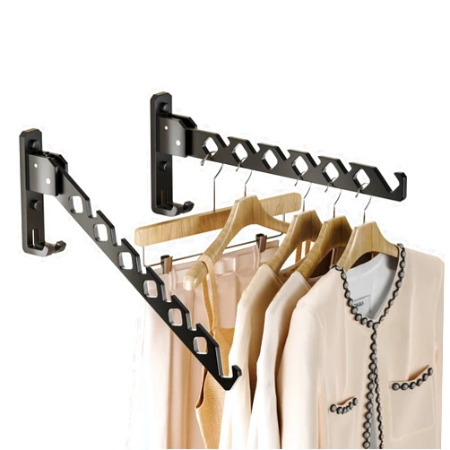 Dr.DJ Wall Mount Coat Hanger Holder Black Clothes Drying Organizer Rack Garment Hooks Aluminium Retractable Folding Indoor Wall Mounted Hanger Space Saver for Laundry Room Bedroom Black 2Pack