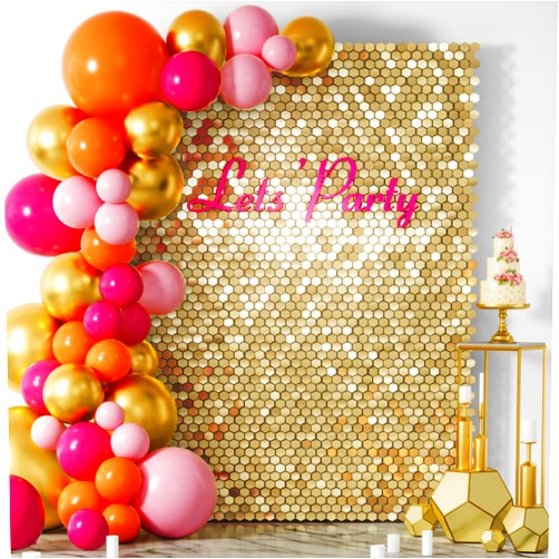 COKAOBE Light Gold Shimmer Wall Backdrop, 24PCS Hexagon Sequin Shimmer Backdrop Panel, Photo Backdrops for Birthday, Anniversary, Wedding, Graduation & Bachelorette Party Decoration