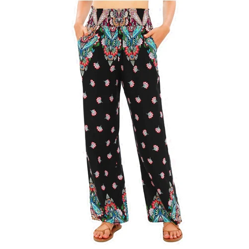 Urban CoCo Women's Elastic High Waist Boho Floral Print Pants Palazzo Wide Leg Lounge Pants