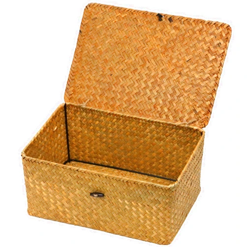 ORDELITE Wicker Storage Basket with Lid, Natural Seagrass Woven Shelf Basket for Storage, Rectangular Decorative Storage Bins Boxes Home Organizer Decor (Natural, Medium)