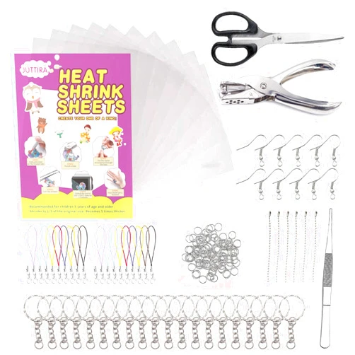 JUTTIRA 168 PCS Shrink Plastic Sheets Kit, Sanded Shrinky sheets, Include 10 PCS Blank Shrink Film-11.4” x 7.8”, Hole Punch, Scissors, Tweezers, Keychains, Colored Lobster Clasp for Kids Creative Crafts
