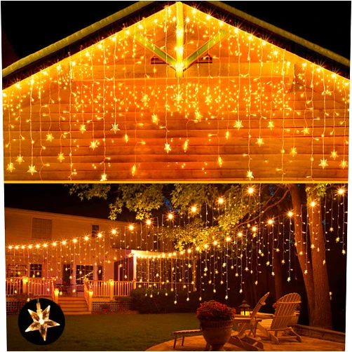 YMing Christmas Lights Outdoor 400 LED 33ft 8 Modes Christmas Decorations Indoor Curtain Fairy String Light with 75 Drops Stars, Curtain String Light for Christmas Lights Clearance Decor House Window Home