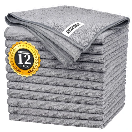 FIXSMITH Grey Microfiber Cleaning Cloth -Pack of 12, Highly Absorbent Cleaning Rags, 16
