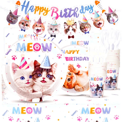 Atonofun Cat Party Plates, Cat Plates and Napkins Party Supplies, Disposable Plates, Cups, Napkins, Cutlery and Tablecloth for Cat Themed Birthday Party Decorations Serves 24