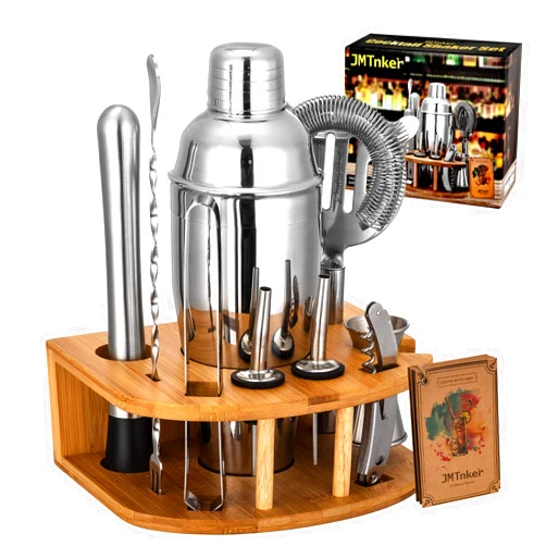 JMTnker Cocktail Shaker Set with Stand | Perfect Bartender Kit for Home and Bar-Bar Tools Set: 24oz Martini Shaker, Muddler, Jigger, Strainer, Mixer Spoon, Tongs, Corkscrew, 2 Liquor Pourers, Recipes Cards
