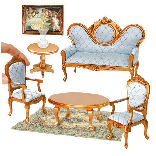 iLAND Victorian Dollhouse Furniture Set, Doll House Furniture and Accessories, Miniature Dollhouse Sofa with 1/12 Scale Accessories 8pcs, Mothers Gift, Wife Gift, Bookshelf Décor (Gold & Blue)