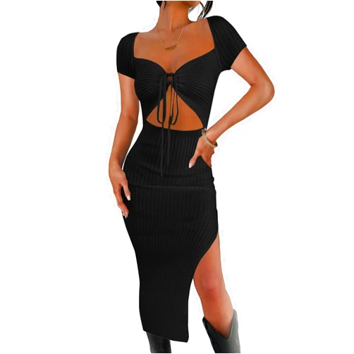 Rooscier Women's Deep V Neck Tie Front Cutout Split Short Sleeve Sexy Bodycon Midi Dress