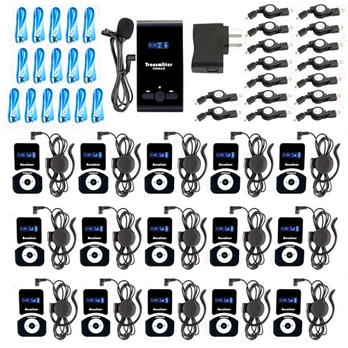 EXMAX Translation Equipment for Church ATG-100T 195MHz Wireless Audio Tour Guide System Voice Transmission for Interpretation City Tour Museum Exhibition Travel Classroom (1 Transmitter 15 Receivers)
