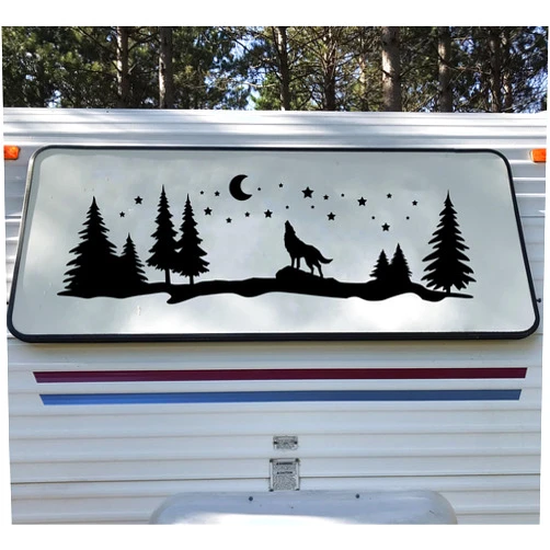 Minglewood Trading Howling Wolf Moon Scene Vinyl Decal V3 - Stars Trees RV Travel Trailer Graphics - Die Cut Sticker
