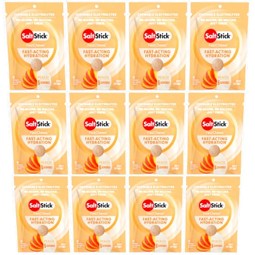 SaltStick Electrolyte FastChews - 120 Peach Chewable Electrolyte Tablets - Electrolyte Chews, Salt Tablets - 12 Packets, 10 Tablets Each