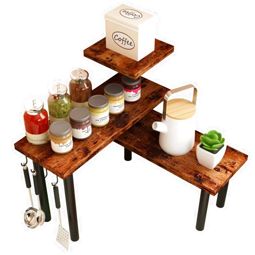 Homode Kitchen Countertop Organizer Corner Shelf, Bathroom Counter Organizer, 3 Tier Counter Shelf Space Saving Organization for Kitchen Counter, Spice Rack, Coffee Bar, Over Sink, Rustic Brown
