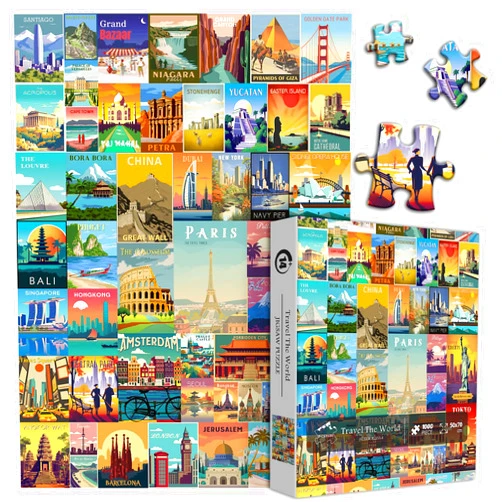 PICKFORU World Travel Puzzles for Adults 1000 Piece,Vintage Puzzle Colosseum Eiffel Tower Landscape Puzzle Landmarks Poster, Scenic Collage Jigsaw Puzzles Paris Italy Scenery