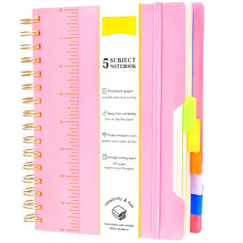 EOOUT 5 Subject Notebook, Spiral Notebook With Dividers, 6 x 8in 360 Pages Hardcover Spiral Notebook with 5 Removable Tabs for Work, School, Writing Journal(Pink)