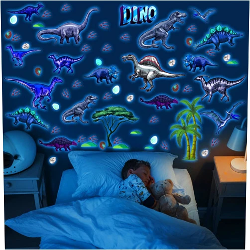 Zonon 114 Pcs/ 4 Sheet Glow in The Dark Dinosaurs Stickers for Waterproof Glowing Dinosaur Wall Decals Large Removable Glow Wall Decor for Boy Bedroom Ceiling Kid Nursery Playroom(Blue Glow)