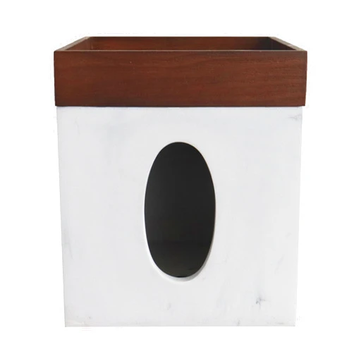Hymmah Marble Square Tissue Box Cover Kleenex Box Holder with Wooden Tray,Unique Cube Design Kleenex Box Cover Decor for Vanity Counter Tops Also Great for Bedroom and Living Room