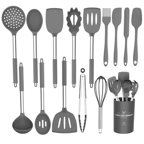 Umite Chef Silicone Cooking Utensil Set,Umite Chef Kitchen Utensils 15pcs Set Non-stick Heat Resistan BPA-Free Stainless Steel Handle Tools Whisk - Grey