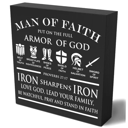 Woght Christian Wooden Box Sign Plaque Man of Faith Put on the Full Armor of God Black Wood Box Sign Rustic Art Home Shelf Desk Decor 5 x 5 x 1 Inches