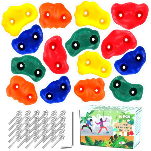 Geavo 15Pcs Rock Wall Climbing Holds for Kids and Adults, Indoor and Outdoor Rock Wall Kit, Multi-Colored Climbing Rock Wall Grips for Playground Play Set, Climbing Toys for Kids Workout