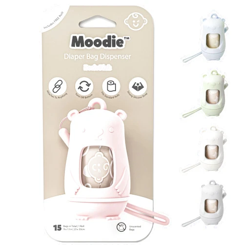 Moodie Teddy Bear Dispenser | Diaper Trash Bags on the Go Dispenser w/Silicon Strap | 15 UNSCENTED Baby Poop Bags per Roll | Dirty Diaper Bag Dispenser Disposable | Diaper Waste Bags (PINK)