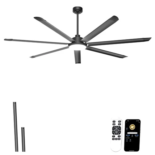 Ohniyou 84'' Large Ceiling Fan with Lights, High CFM Industrial Ceiling Fan Remote/APP Control, 7 Aluminum Blades, 3CCT, for Warehouse, Shop, Gym, Black
