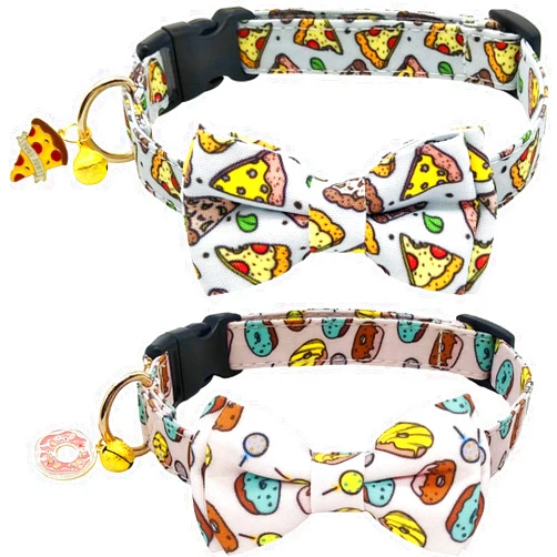 KUDES 2 Pack Print Dog Collars with Bow Tie, Adjustable Dog Collar with Bells and Charm Safety Buckle Cute Pet Collars for Small/Medium/Large Dogs and Cats Boys Girls