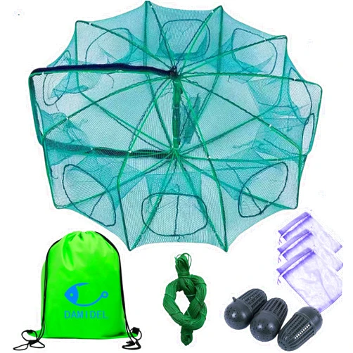 DAMIDEL 32in x 10in Folded Fishing Bait Trap, 10 Holes 10 Sides Foldable Fishing Nets for Fish/Crab/Shrimp/Crawdad, Upgrade Large Space,Bait Bag/Bait Box/Rope/Storage Bag