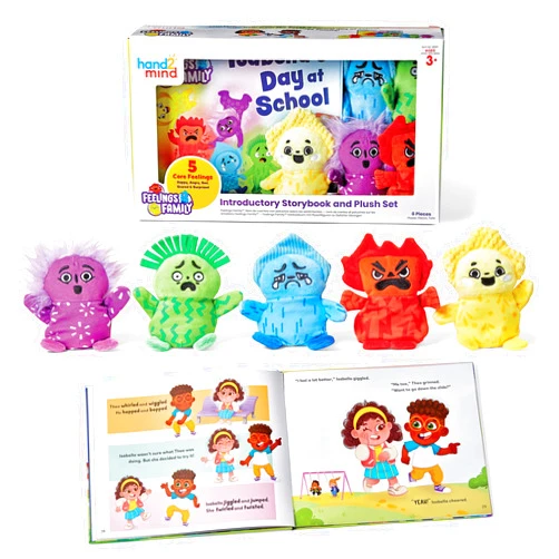 hand2mind Feelings Family Introductory Storybook and Plush Set, Toddler Emotions Book, Social Emotional Learning Activities, Play Therapy Toys, Preschool Books 3-5, Calm Down Corner Supplies