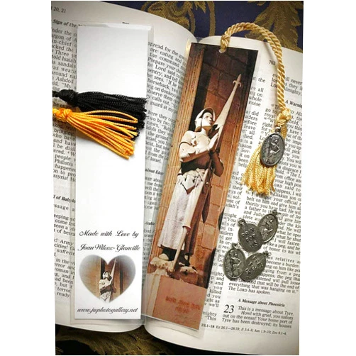 JWPhotography Gallery Religious Warrior Statue of St. Joan of Arc 1412-1431 Jeanne d' Arc in Notre Dame Cathedral Paris, France Europe Original Fine Art Photography Photo Catholic Bookmark w/Joan of Arc Pray for us Medal