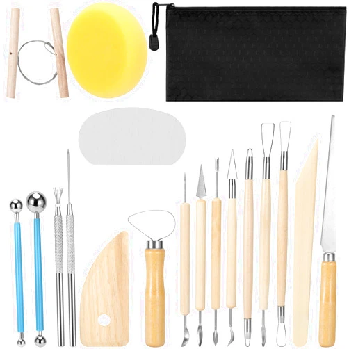 Blisstime 18PCS Clay Sculpting Tools, Basic Clay Pottery Carving Tool Kit with Wooden Handles and Tool Bag