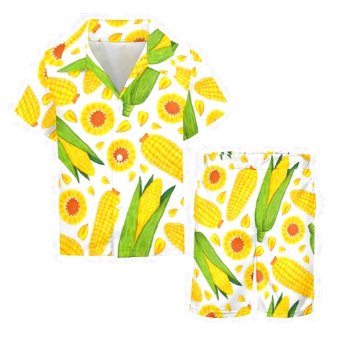 NAWFIVE Boys Hawaiian Outfits Watercolor Corn Pattern Button Down Shirt And Short 2 Piece Sets for 3-12T Kids
