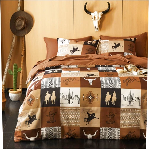 Wake In Cloud - Western Comforter Set, Southwestern Aztec Country Horse Cowboy Tribal Native American Rustic Ranch, Soft Lightweight Bedding, 3 Pieces, Tan Brown, King Size