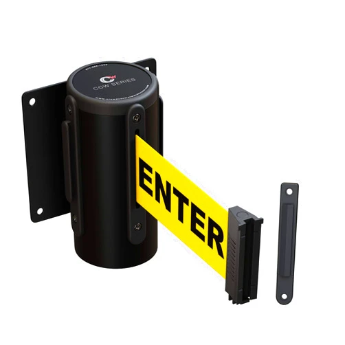 Crowd Control Warehouse - CCW Series WMB-120 Fixed Wall Mount Retractable Belt Barrier - 11 Foot, Caution Do Not Enter with Black Steel Case, Crowd Control Barriers