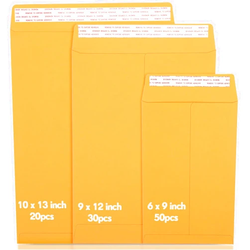 Chivertion 100 Pcs 3 Sizes Catalog Mailing Envelopes, Peel and Seal, Anti Tear Kraft Paper Printable Catalog Envelope for Filing, Storing or Mailing Documents, 6 x 9 In, 9 x 12 In, 10 x 13 In (Yellow)