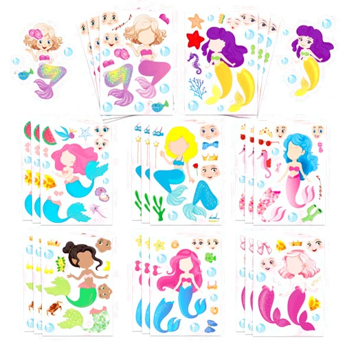 DUJAA 24 Sheets Mermaid Stickers Make Your Own Stickers Party Favors Mermaid Make A Face Sticker for Kids Party Favors,Classroom Teacher Rewards, Art Craft Supplies